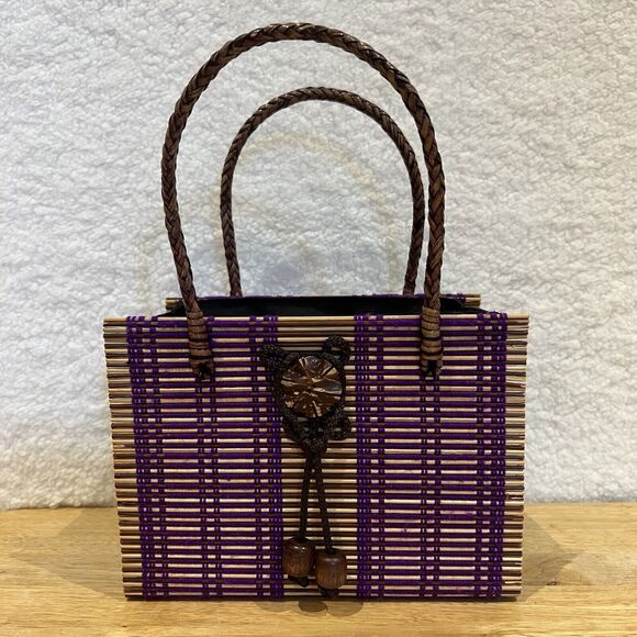 Rattan Woven Purple  Purse Handbag w/ Handmade Beaded Closure & Braided Handles - Picture 3 of 16